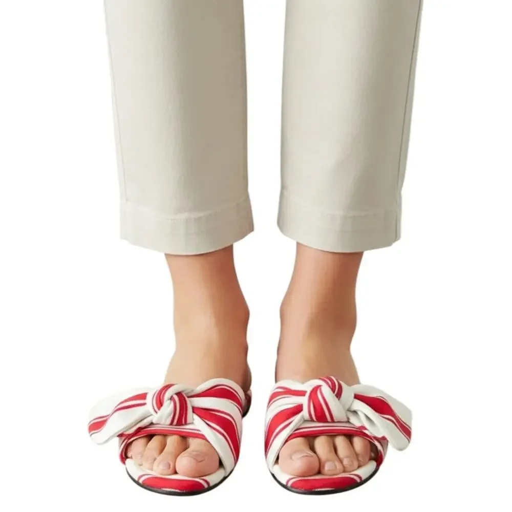J.Crew Red Ivory Stripe Print Knot Slide Sandals, US7.5